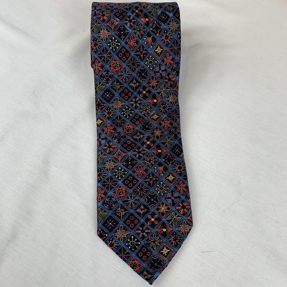 Santostefano Mens Silk Tie Geometric Floral Medallion Black Red Blue Italy Hand